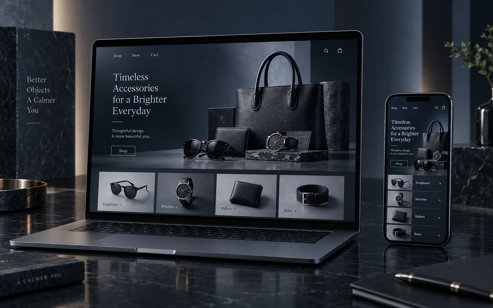 Premium ecommerce storefront shown on laptop and mobile