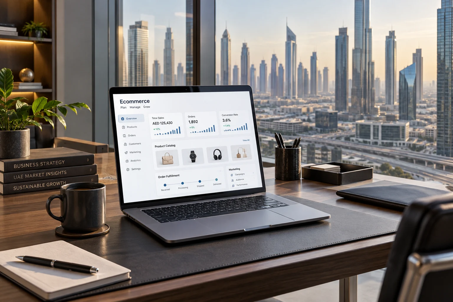 Premium ecommerce planning workspace with a subtle UAE business setting