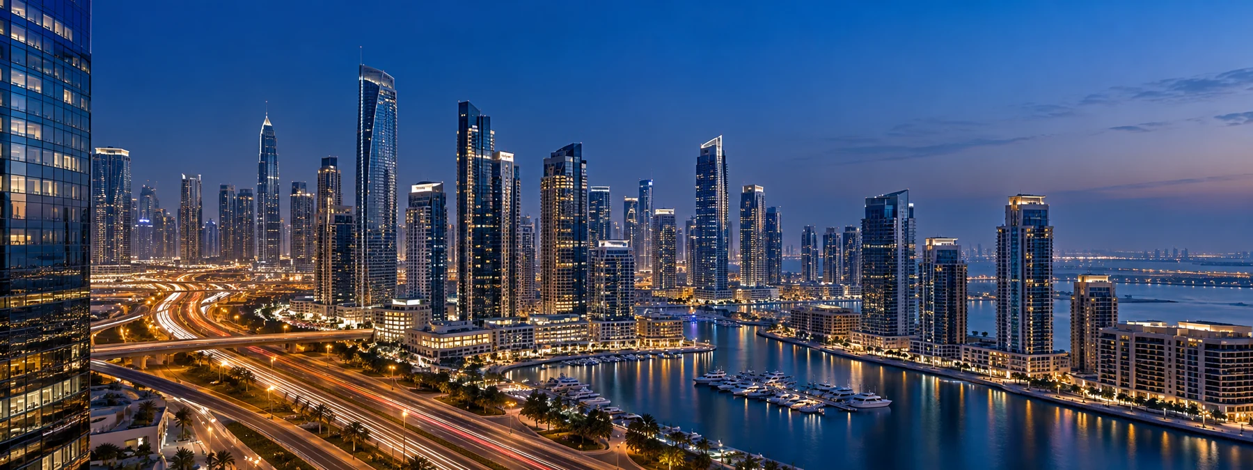 Modern UAE business district skyline at blue hour
